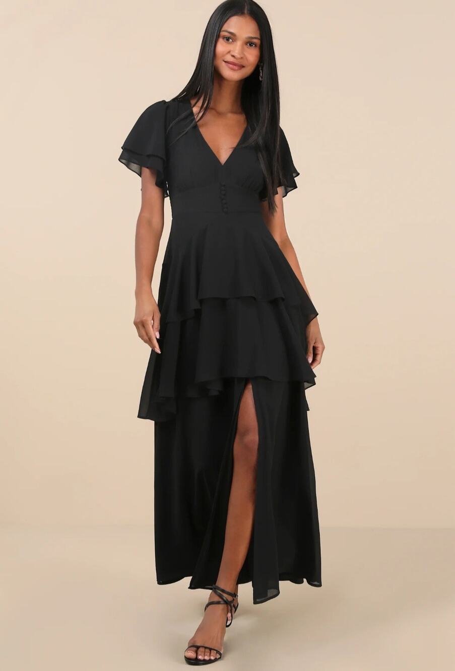 NWT Lulus V-Neck Midnight Mood Black Tiered Maxi Dress Large